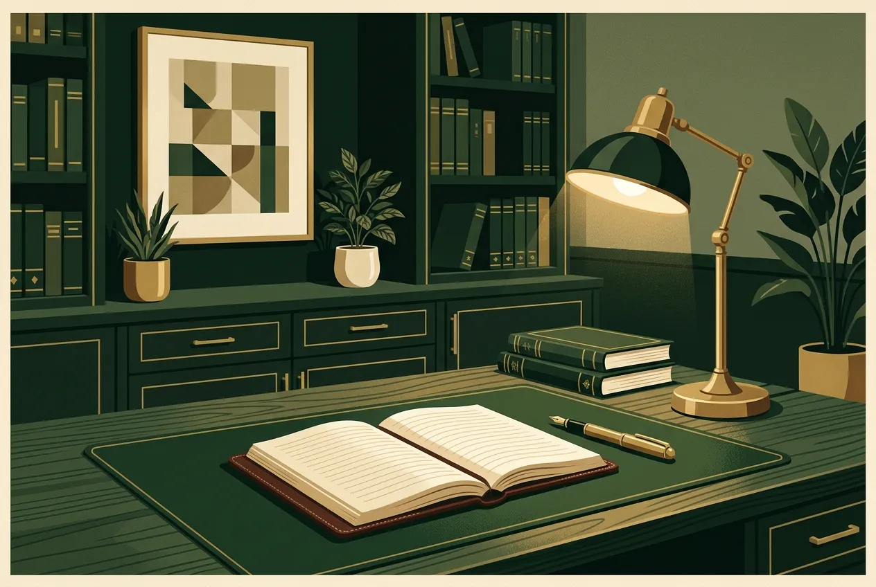 Leather notebook, brass pen and warm desk lamp on a forest-green study desk — the quiet start of the Codex.
