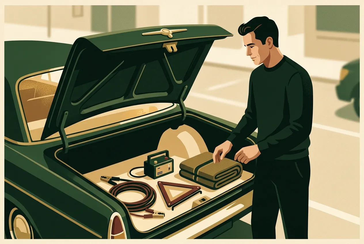 A man checking a useful car kit in an open trunk — stranded-ready, not decorative.