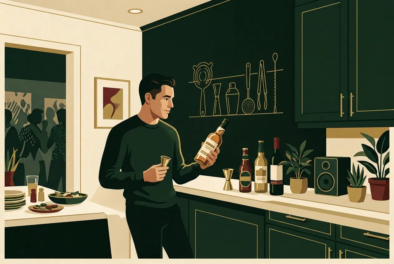 A man learning alcohol types at a home bar — beer, wine, one spirit.