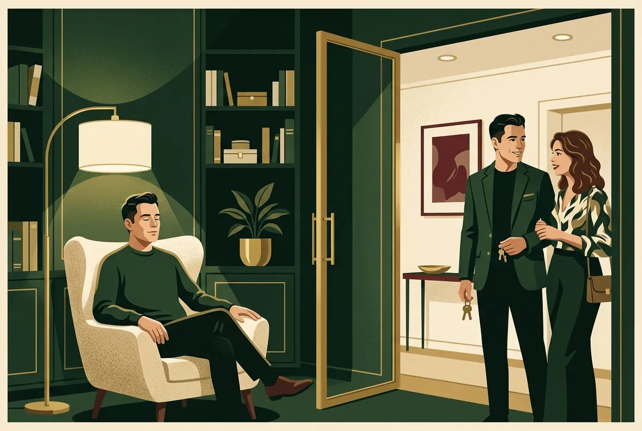 A man briefly visualizing a hard social moment in a cream chair — then moving.