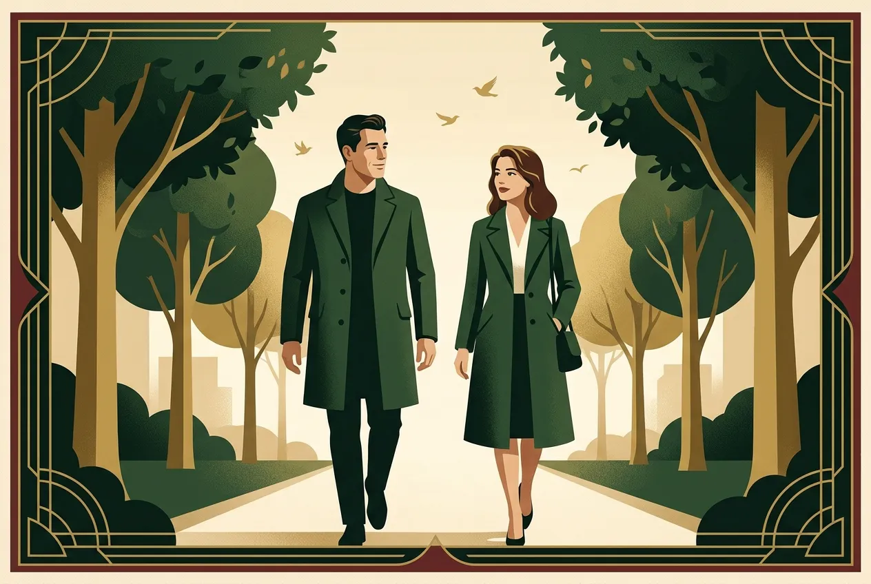 A man and woman walking together calmly — composing the body before the day piles on.