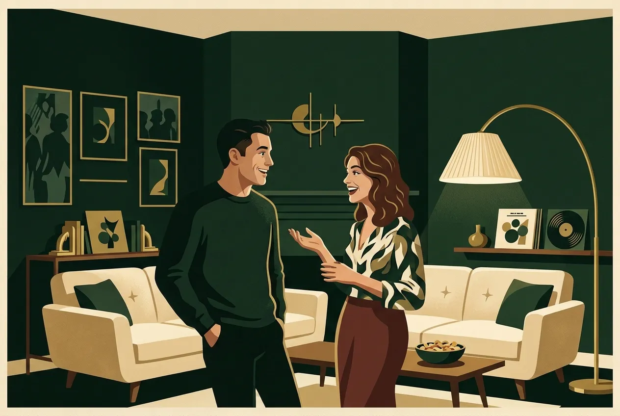 A man and woman sharing an easy laugh on a cream sofa in a deep green room.