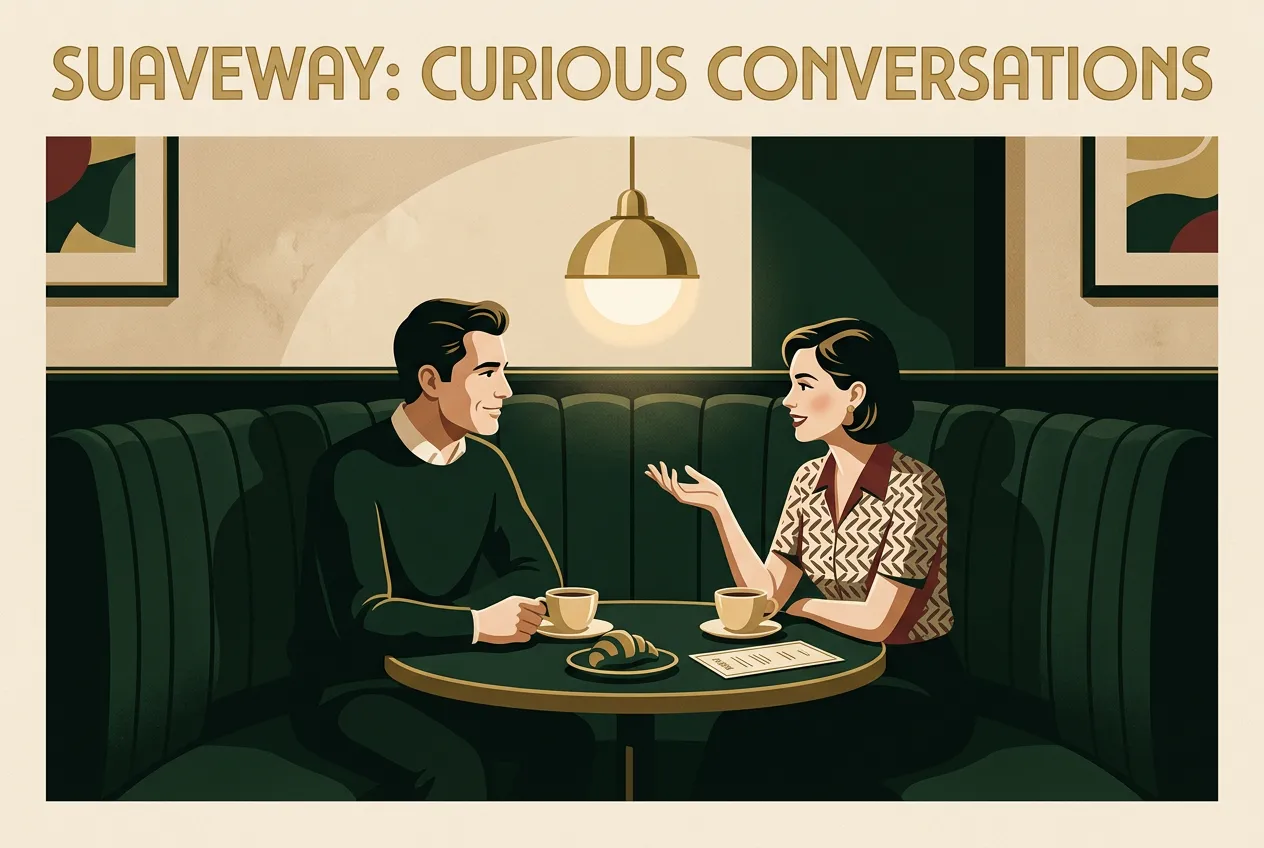 A man and woman in curious conversation at a cafe booth with brass pendant light.