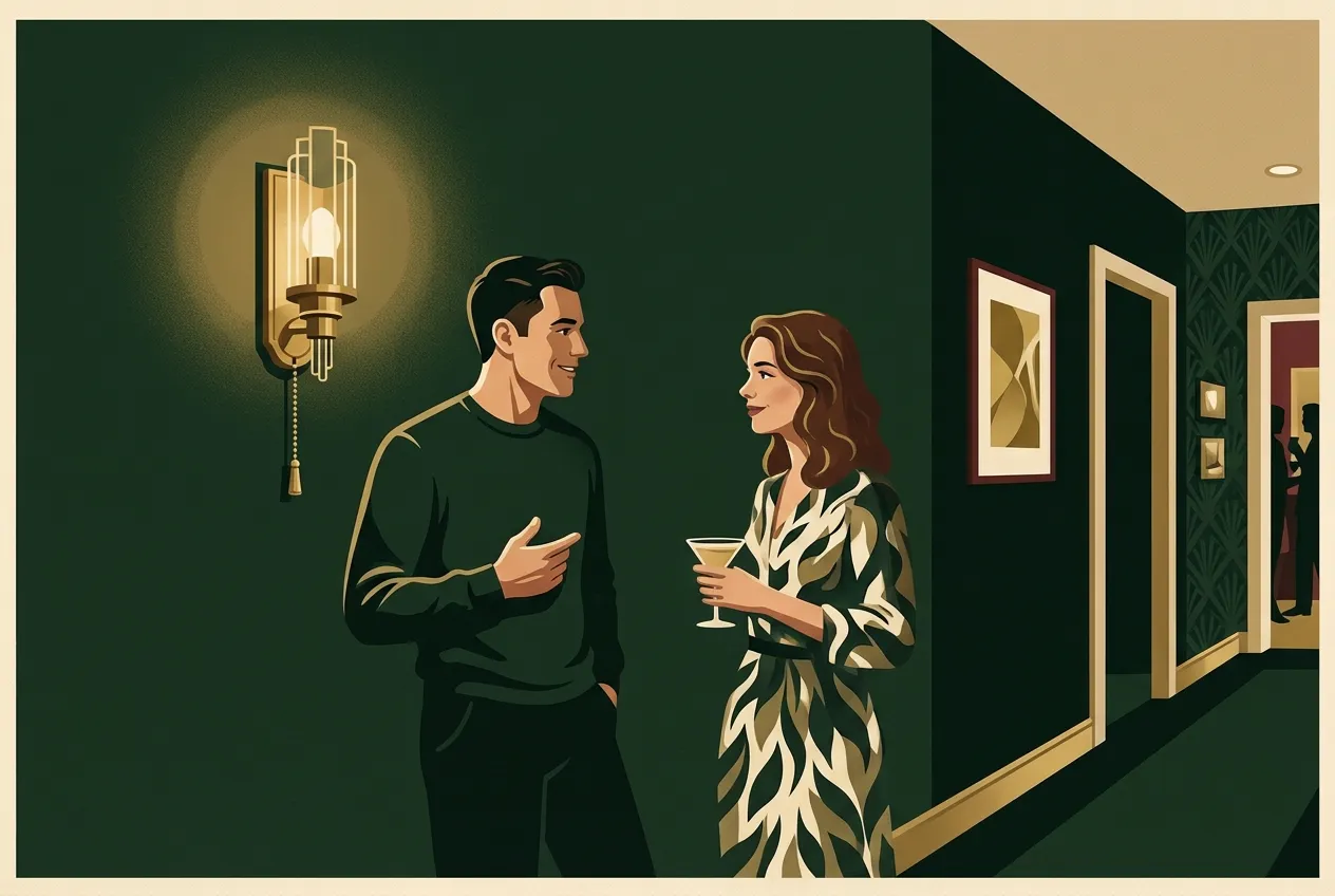 A man keeping a talk going with a woman in a quiet hallway pause under brass light.