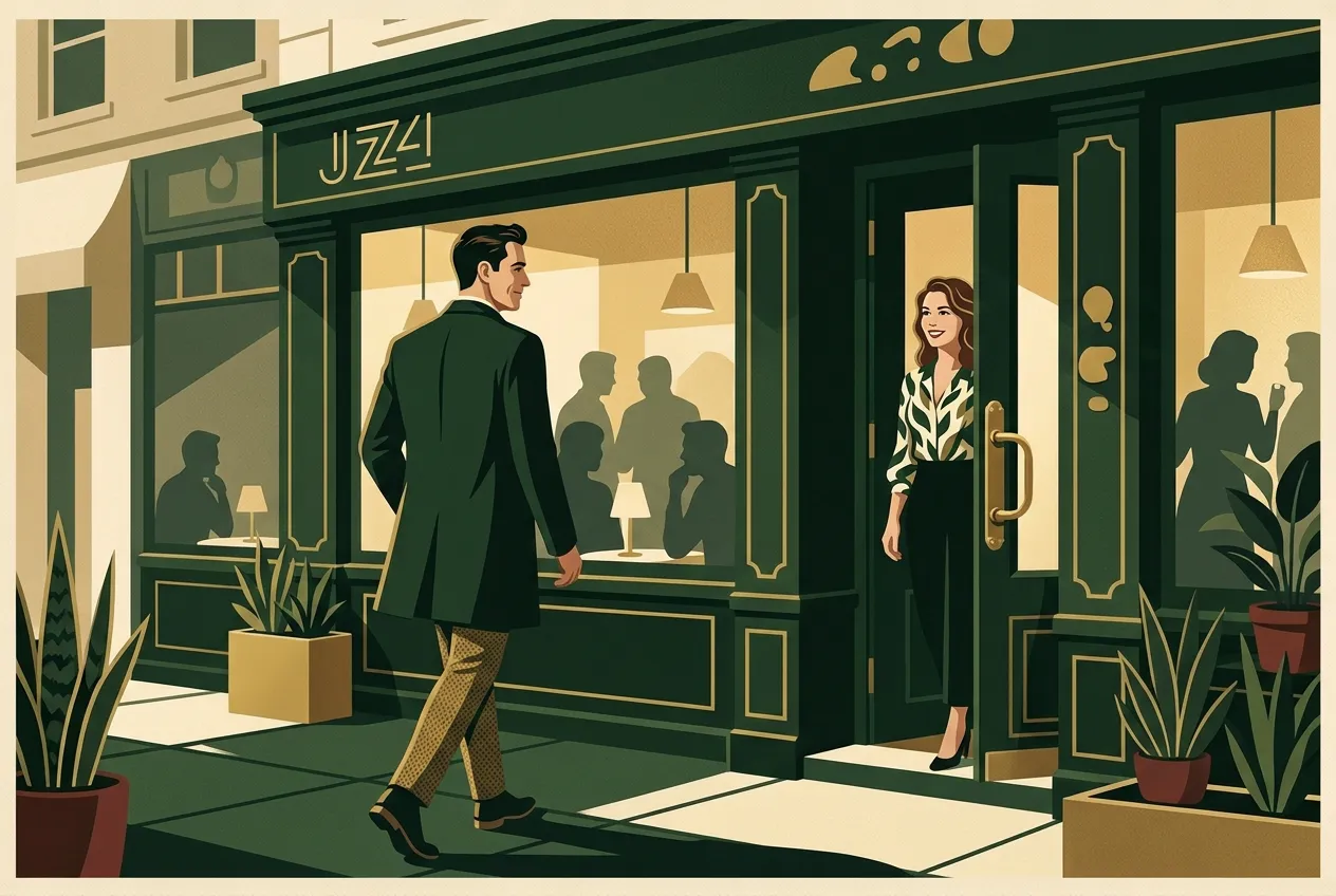 A man leaving a warm goodbye at a cafe doorway — rejection as information, not collapse.