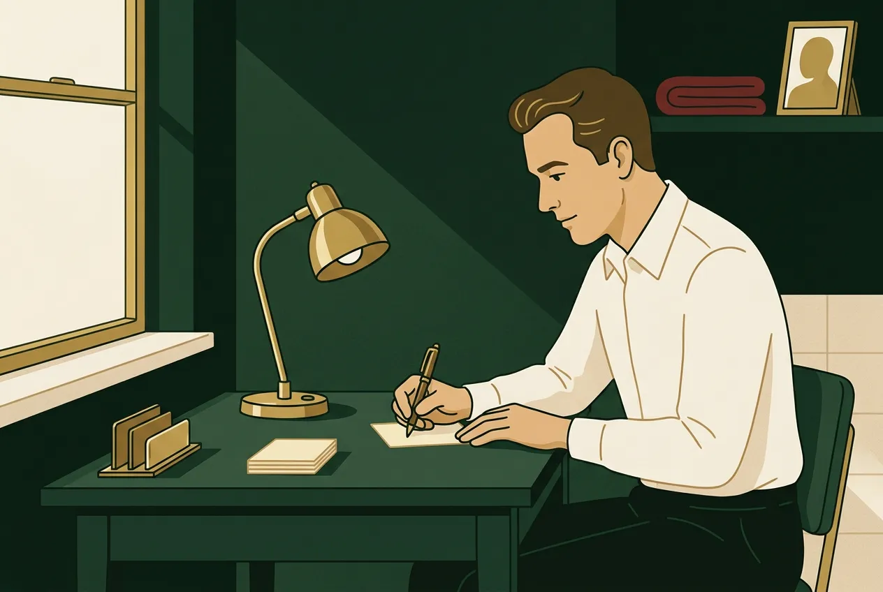 A man writing a brief present-tense affirmation on cream paper under a brass lamp.