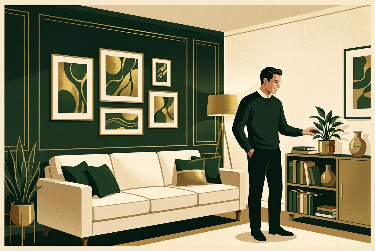 A man finishing apartment lighting and plants in a deep green room with brass accents.
