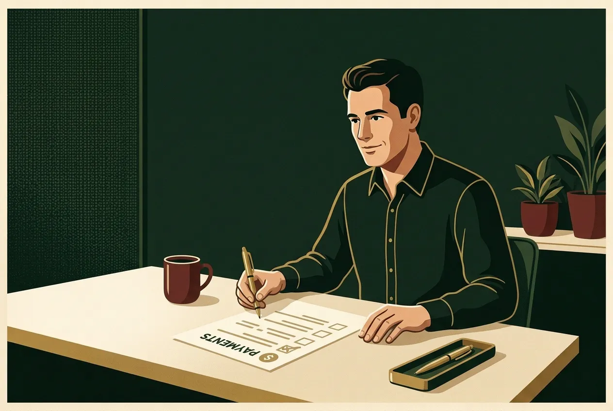 A man reviewing a simple finance checklist with coffee under brass light.