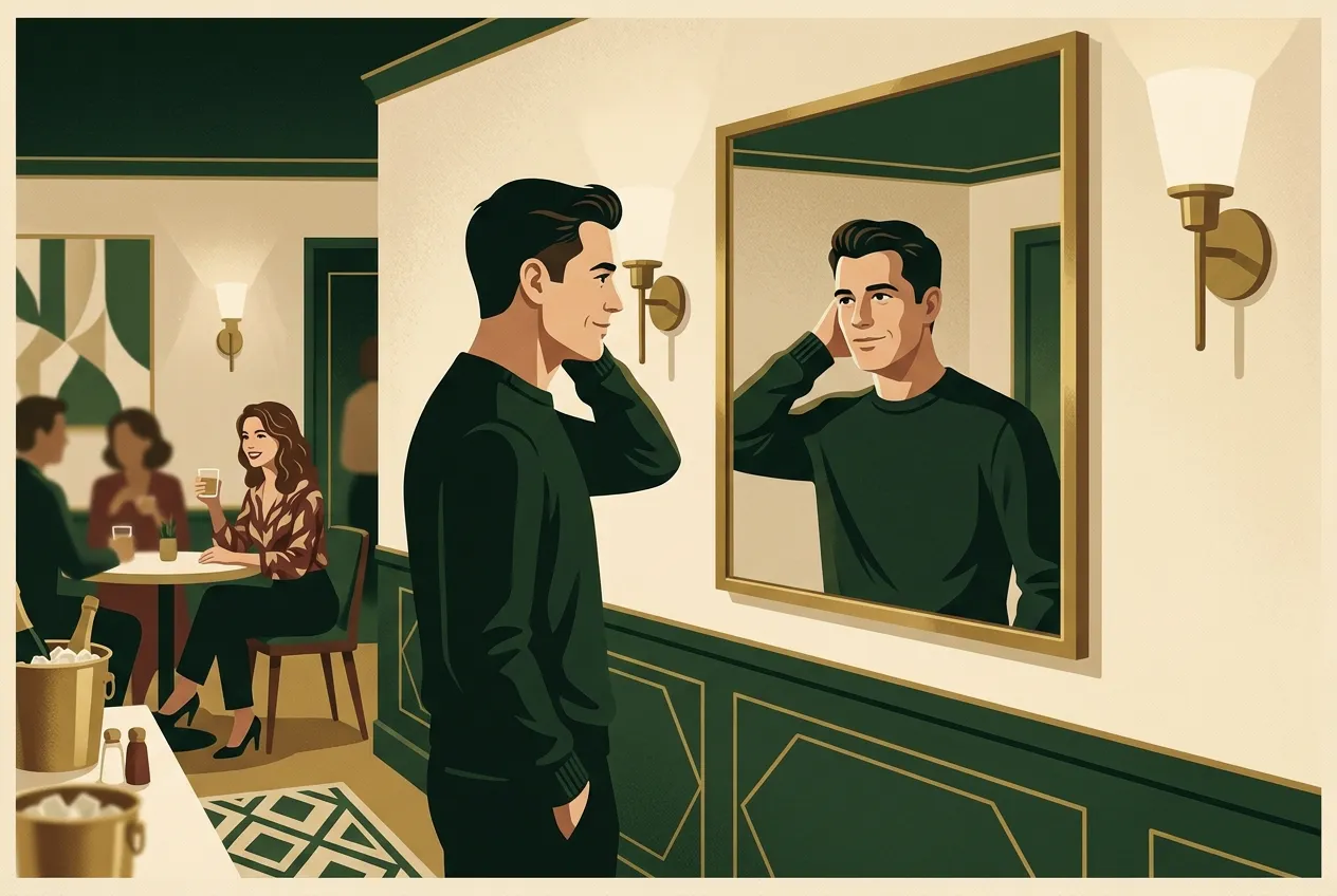 A man resetting posture before returning to a social room — trained attractiveness signals.