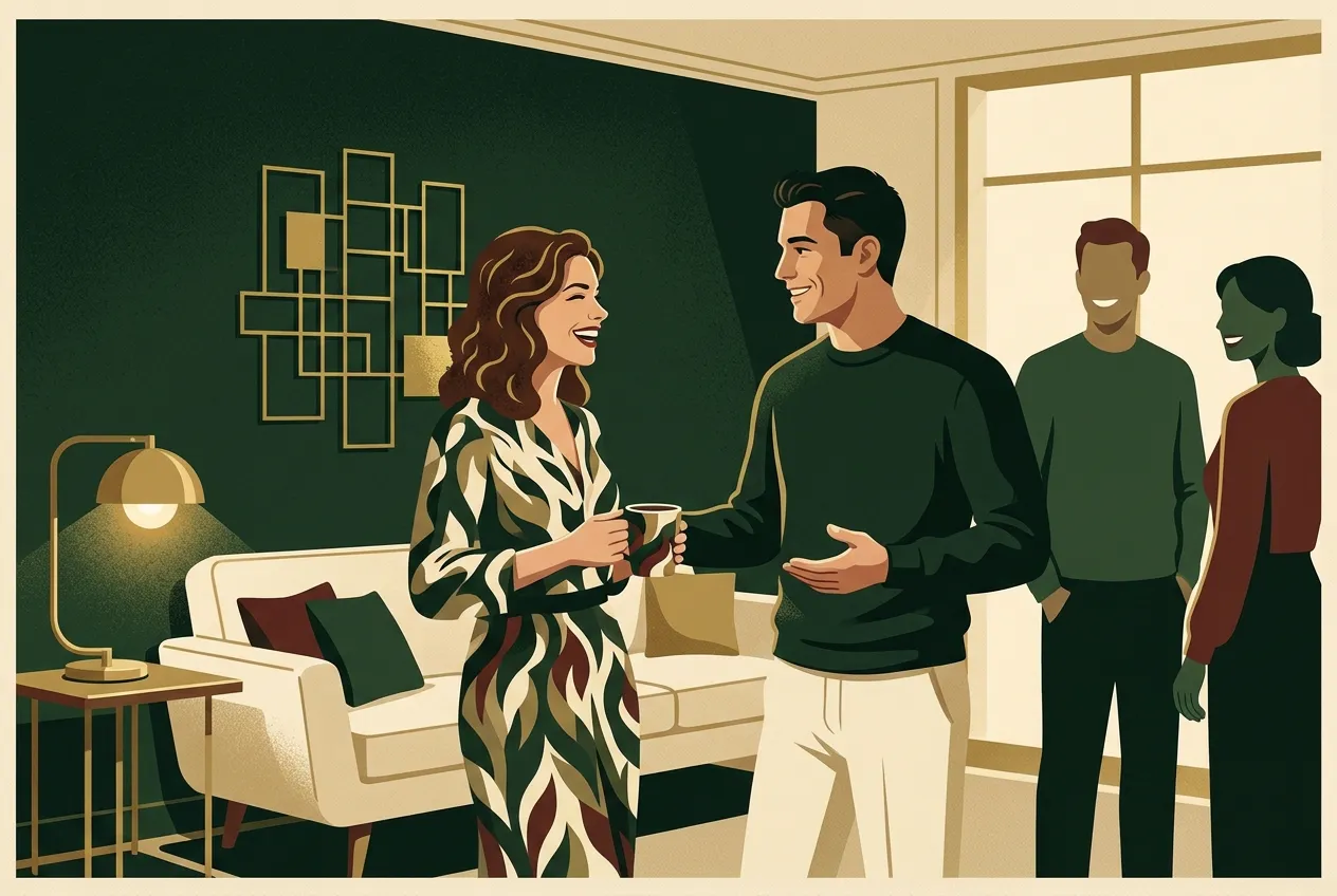 A man making introductions at a gathering — warmth plus reliability, forest green room.