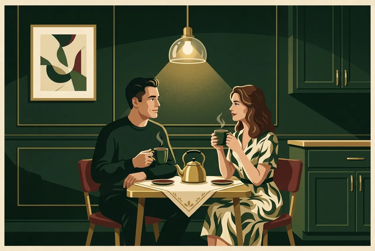 A couple reconnecting after a timeout at a kitchen table under brass light.