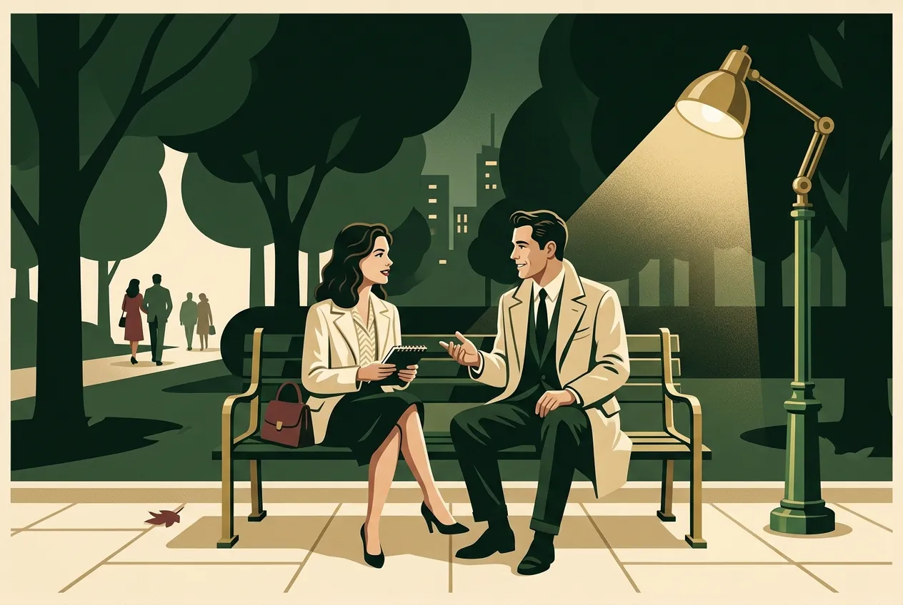A man and woman on a calm park-bench date under a brass streetlamp.