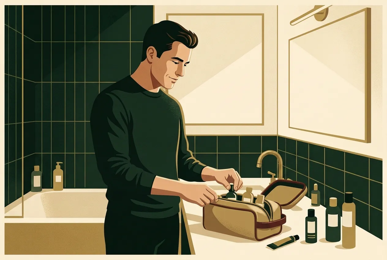 A man zipping a packed dopp kit, ready to leave in ten minutes.