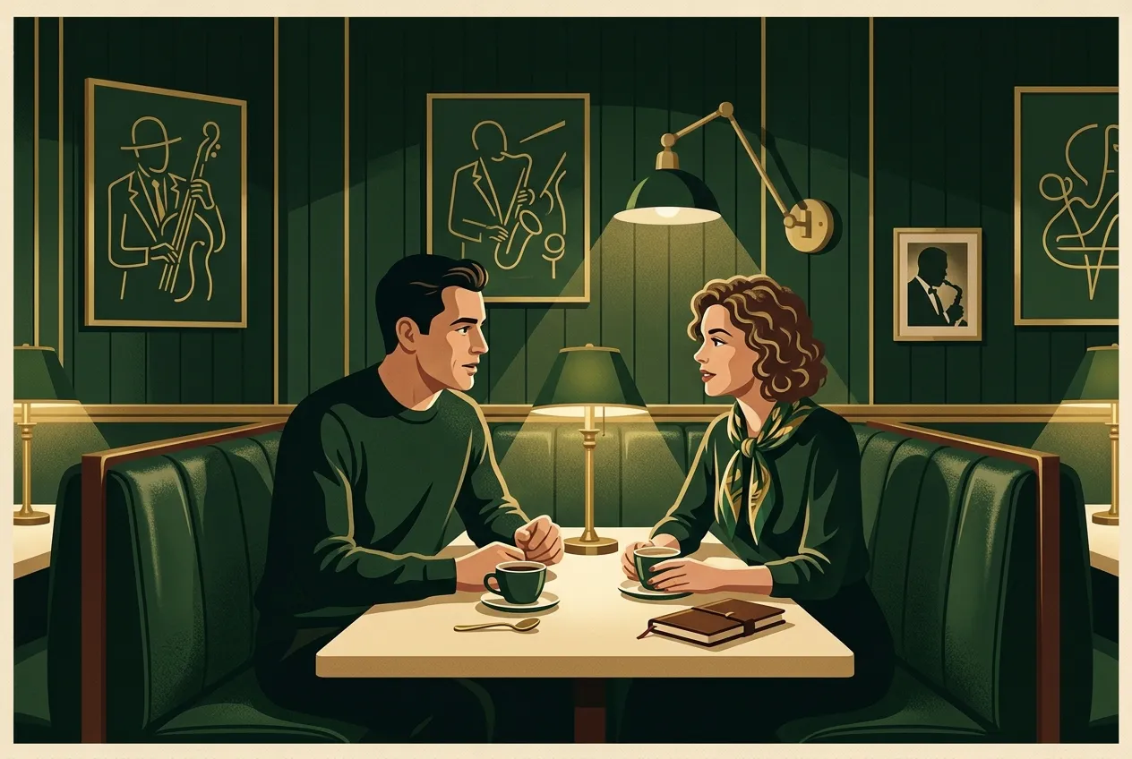 A man stating a real opinion across a cafe table from a woman — dropping a safety rule.