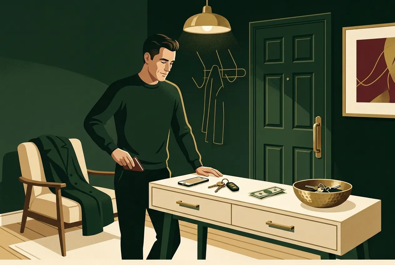 A man pocketing a slim wallet at the door — readiness without bulk.