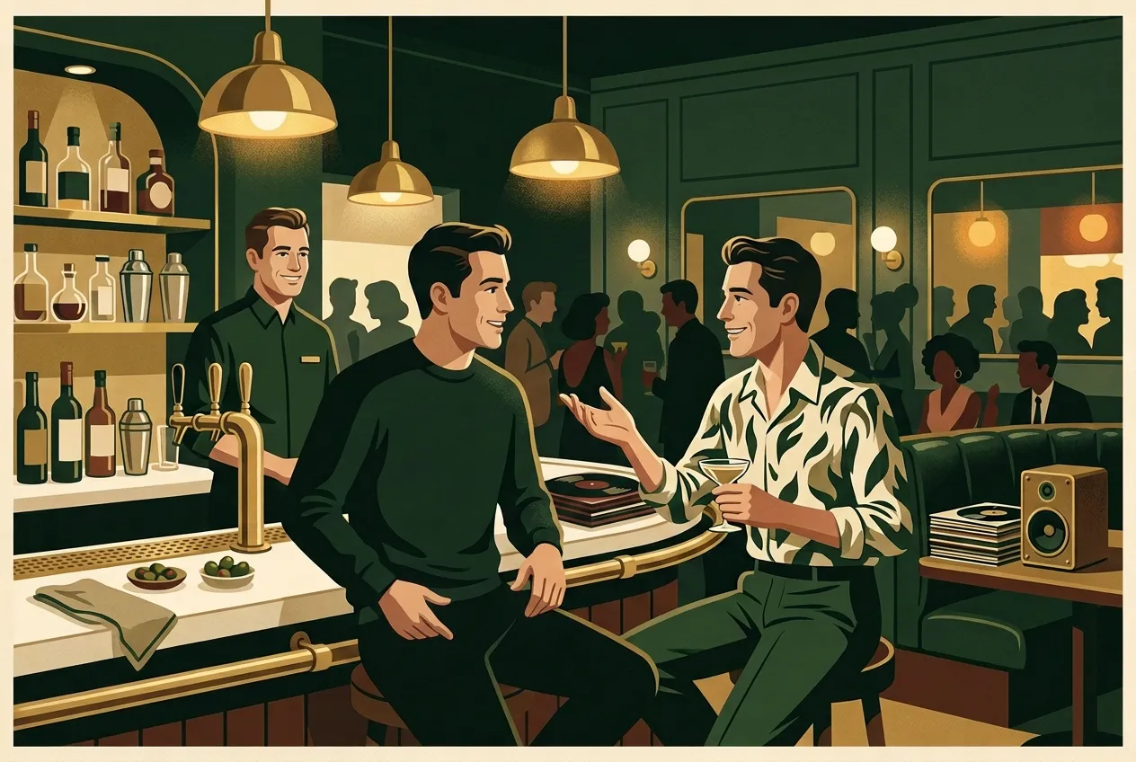 Two men talking easily at a bar rail — solo outing becoming social.