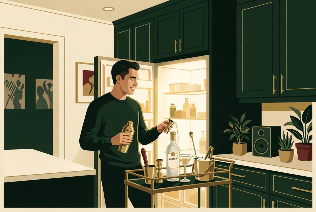 A man measuring a pour at a home bar — versatility over vanity bottles.