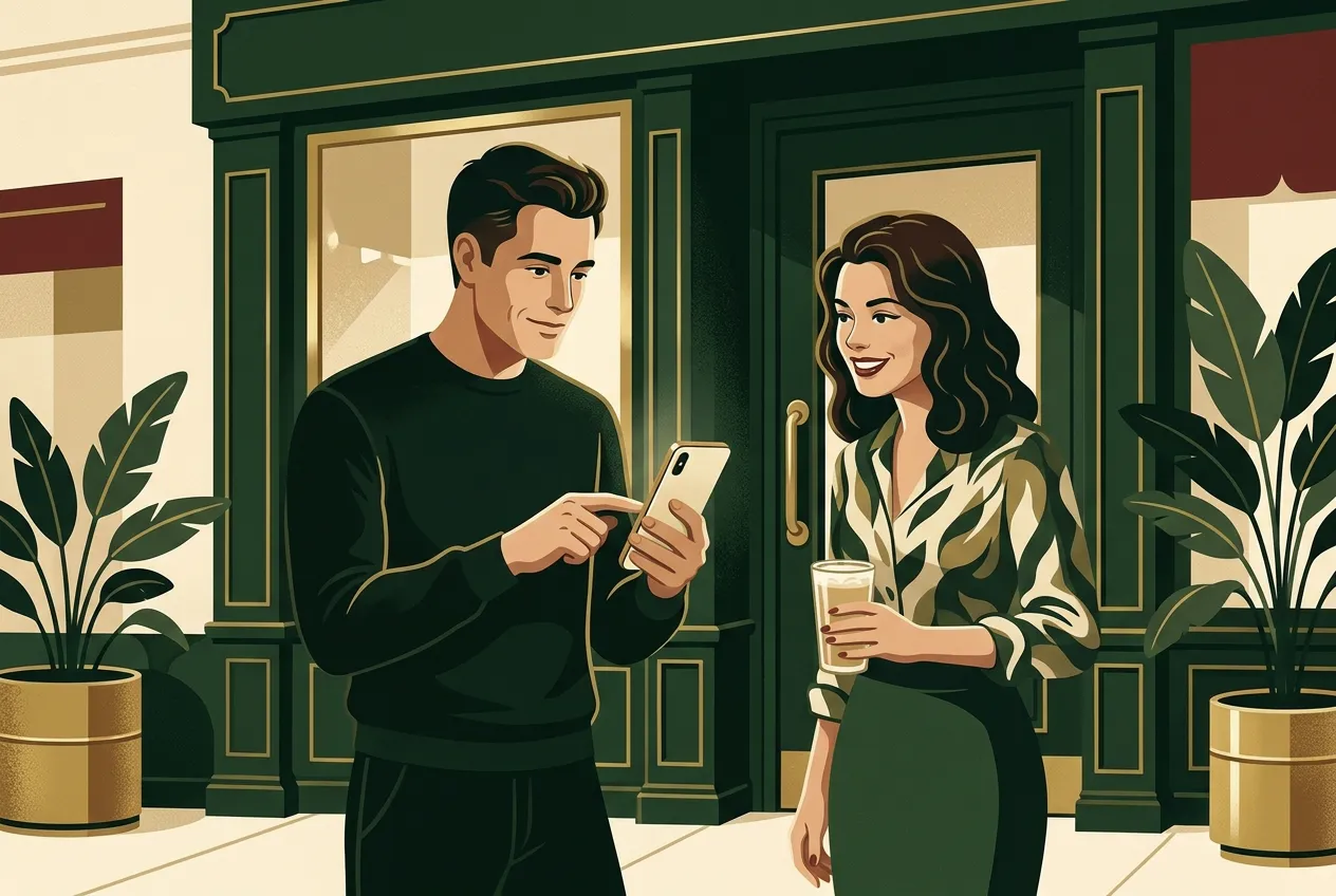 A man sending a short invite text outside a shop — composed, not novel-length.