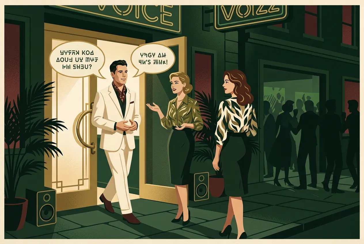 A man and woman talking outside a venue under brass doorway light.