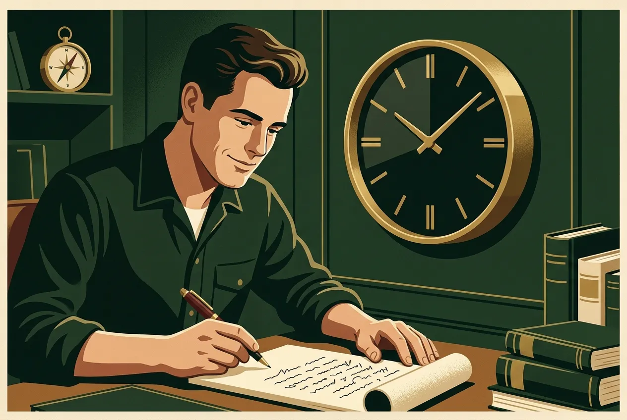 A man checking a kept promise on a notepad by a brass clock.