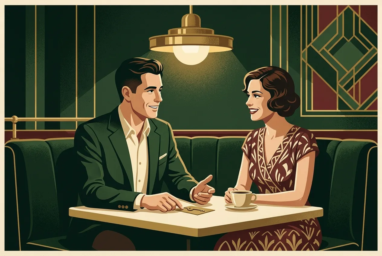 A man keeping composure in conversation with a woman at a cafe.