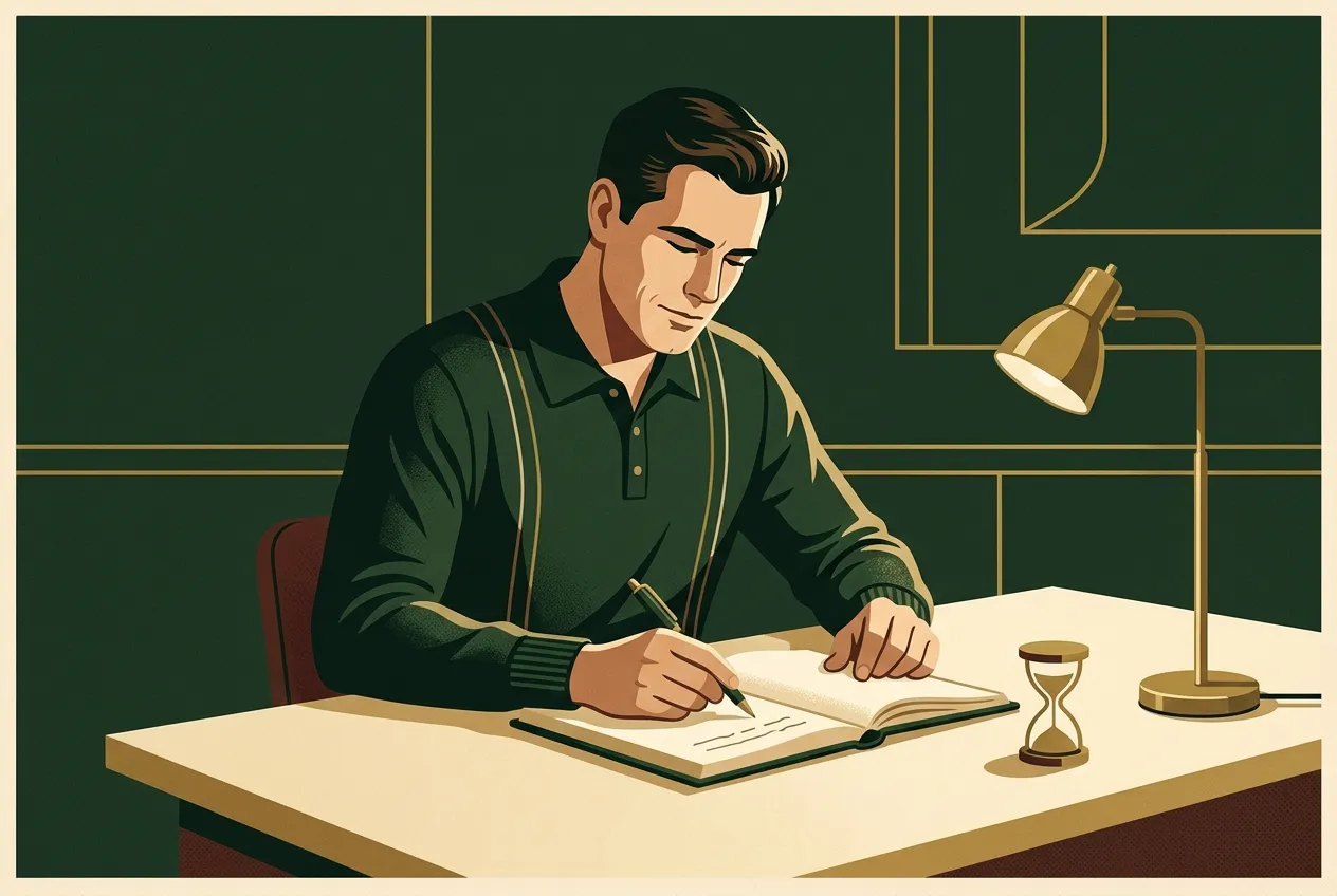 A man starting a two-minute habit at a brass-lit desk.