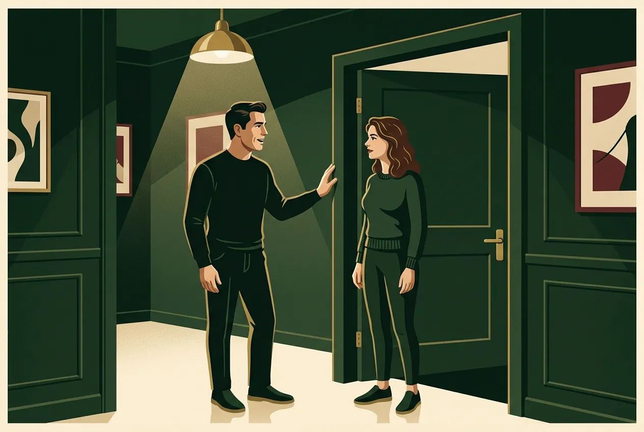 A man speaking steadily with a woman in a doorway — responsibility and presence.