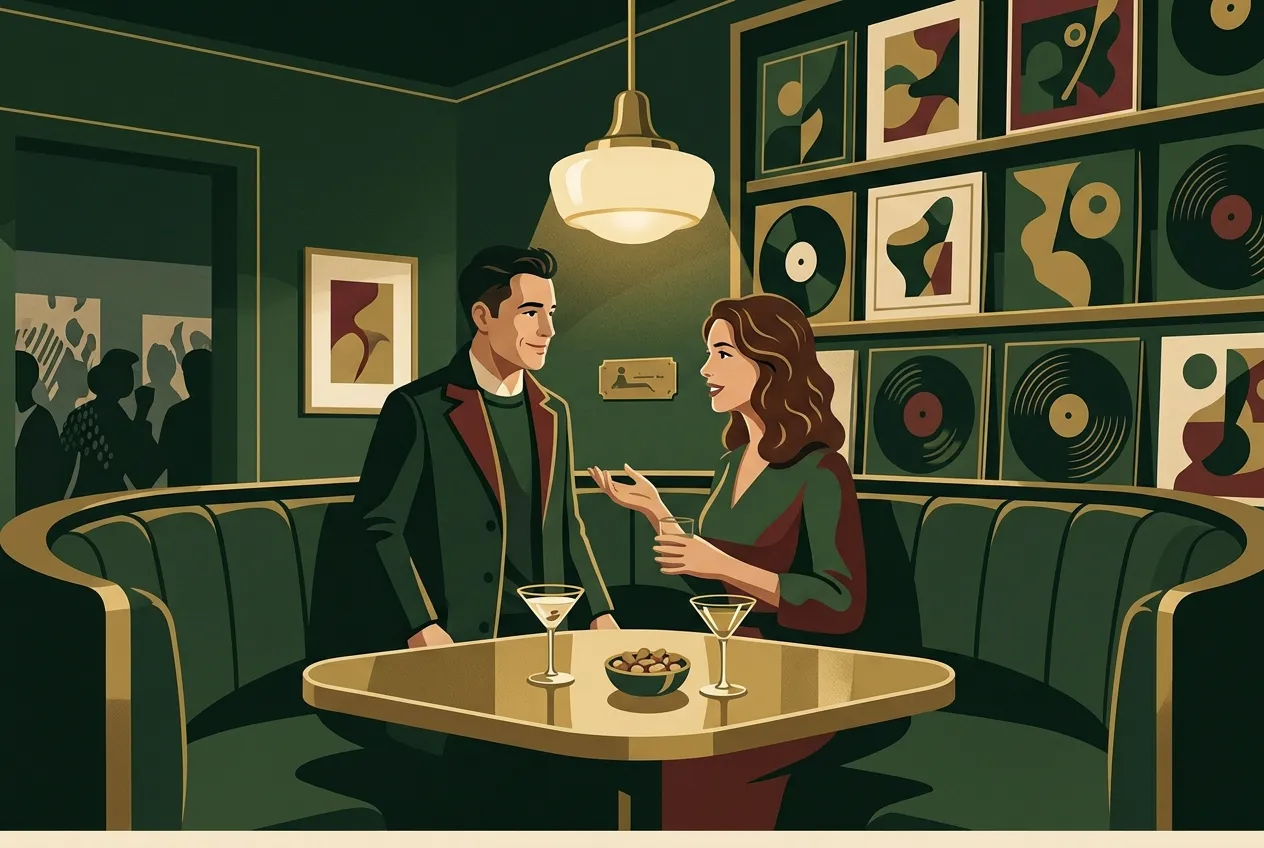 A man making a woman feel at ease in conversation at a green booth.