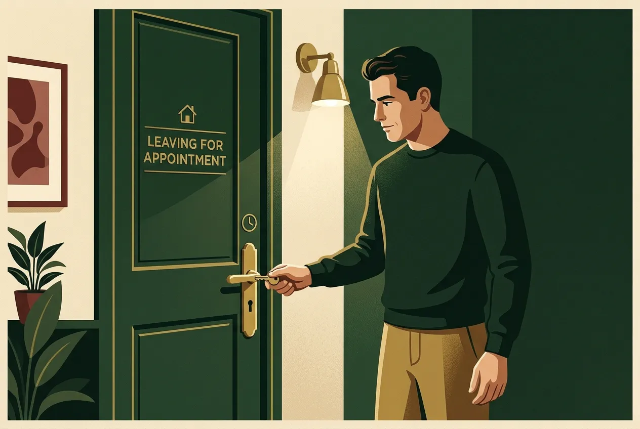 A man leaving for a kept commitment — stacking evidence.