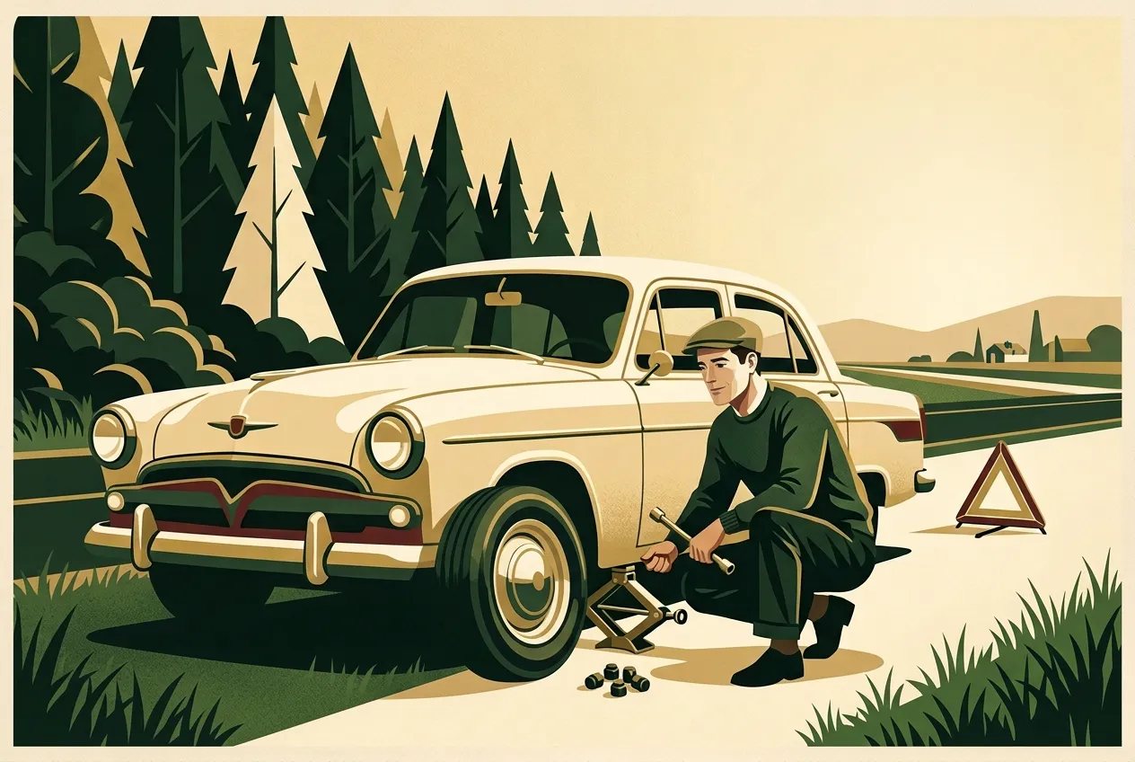 A man tightening lug nuts in order beside a spare tire.