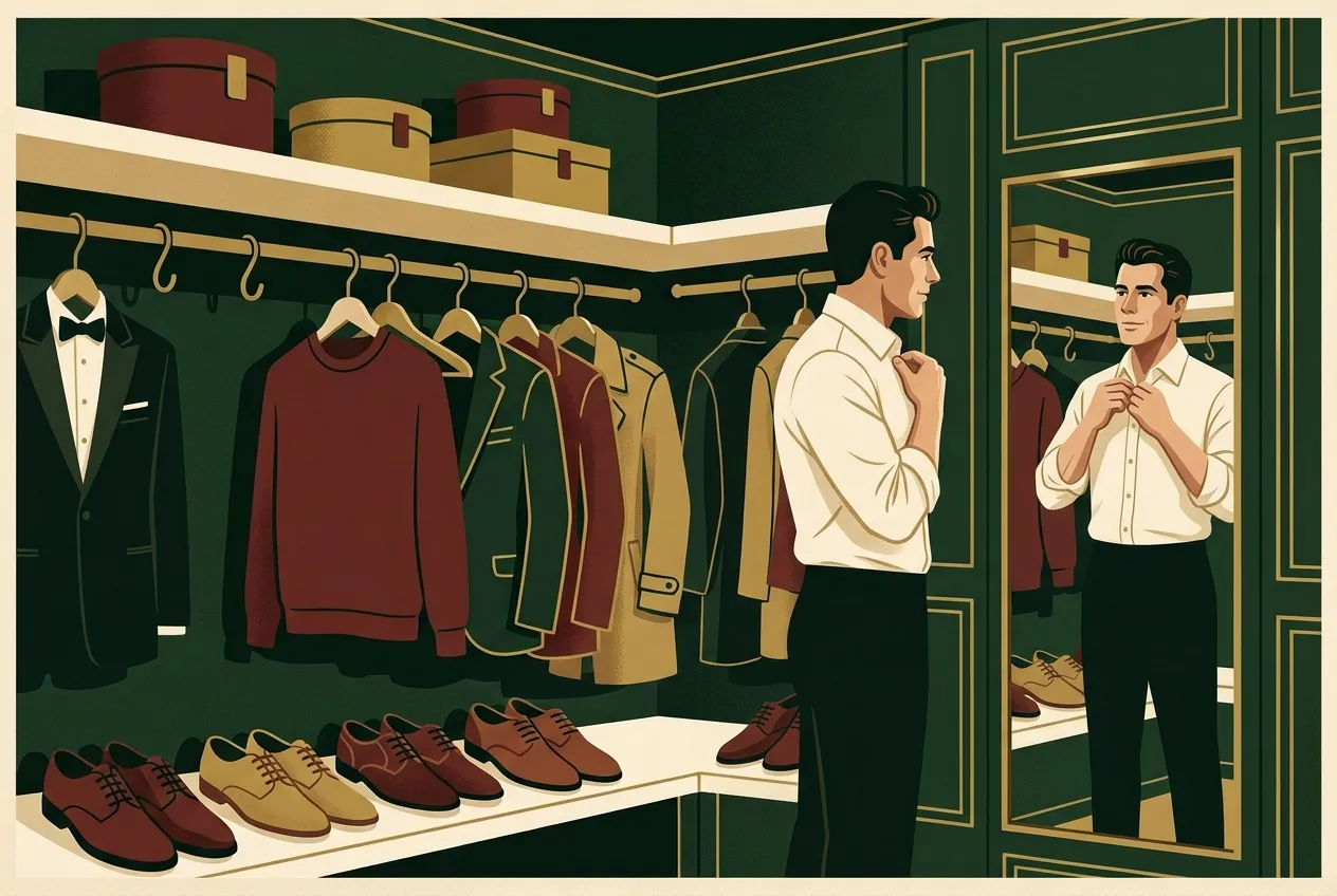 A man checking casual fit in a mirror before leaving.