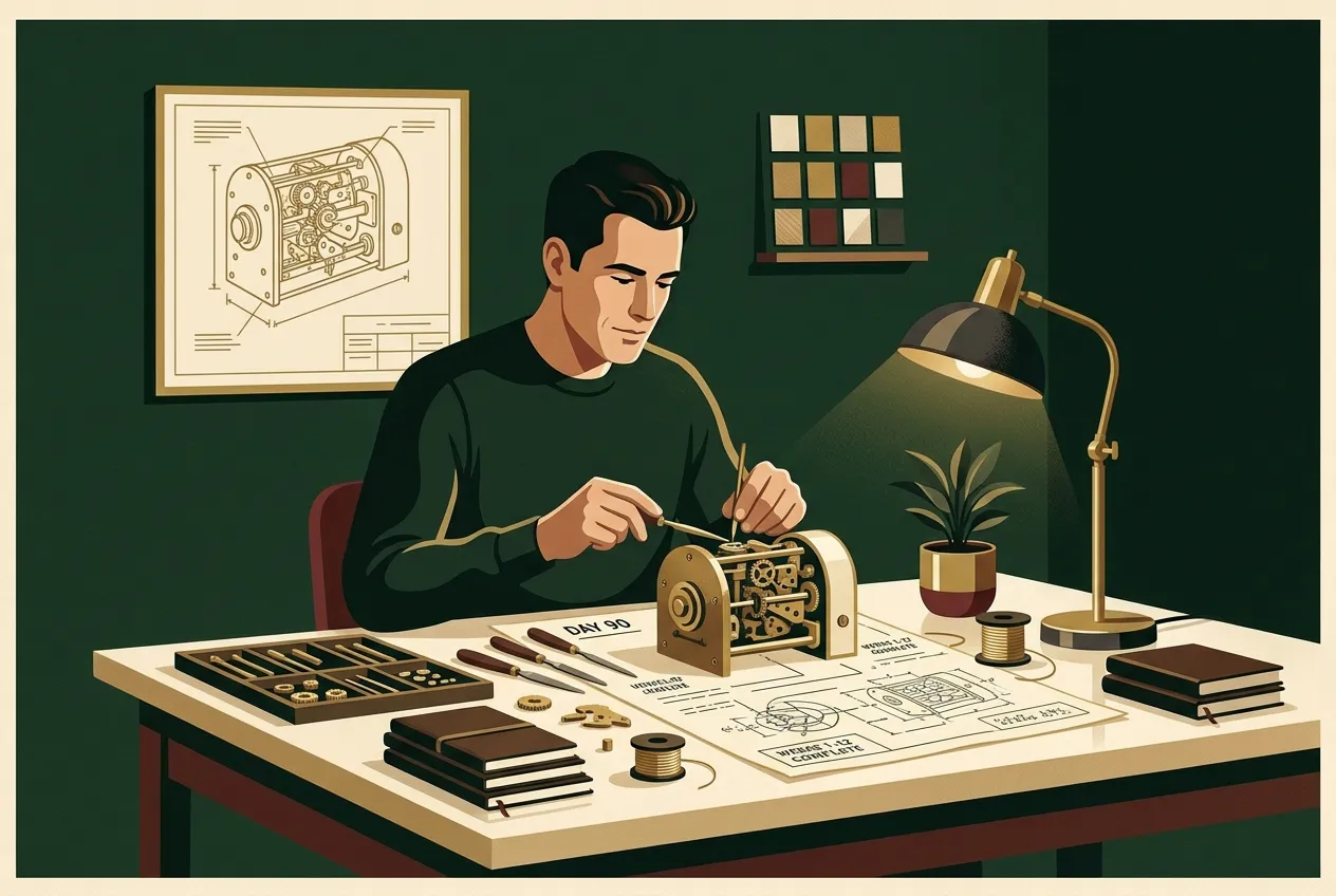 A man deep into a 90-day project at a workbench.