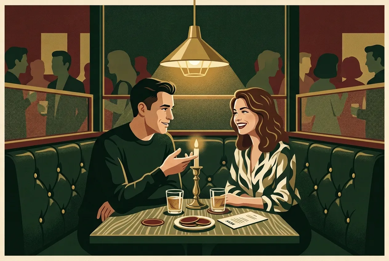 A man and woman sharing playful tension across a cream table.