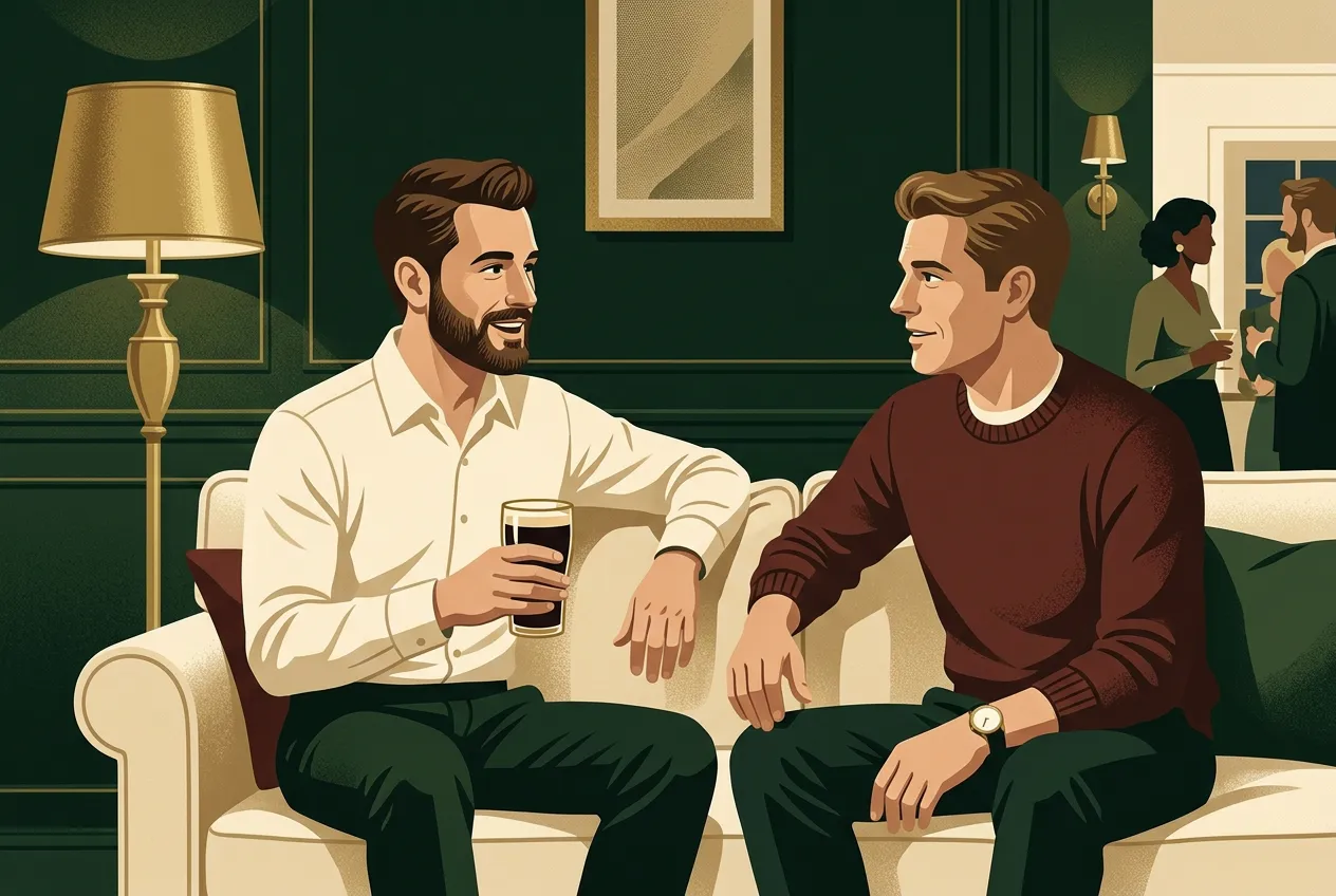 A host circulating while two men talk on a cream sofa in a green room.