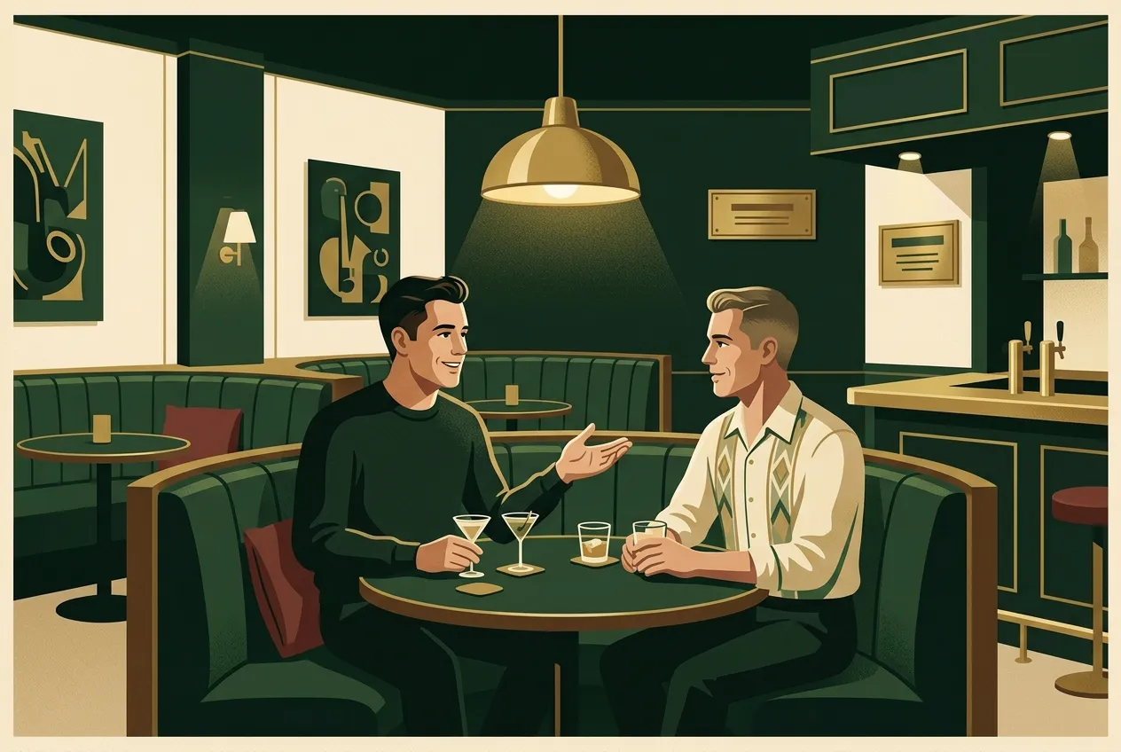 A man inviting another man to a second hang at a warm bar booth.