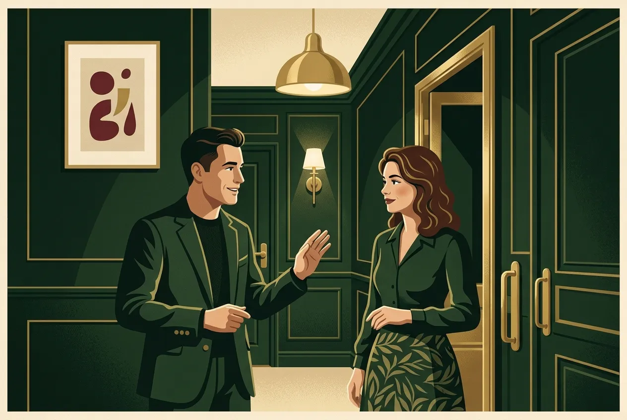 A man declining a favor with warmth in a green hallway.