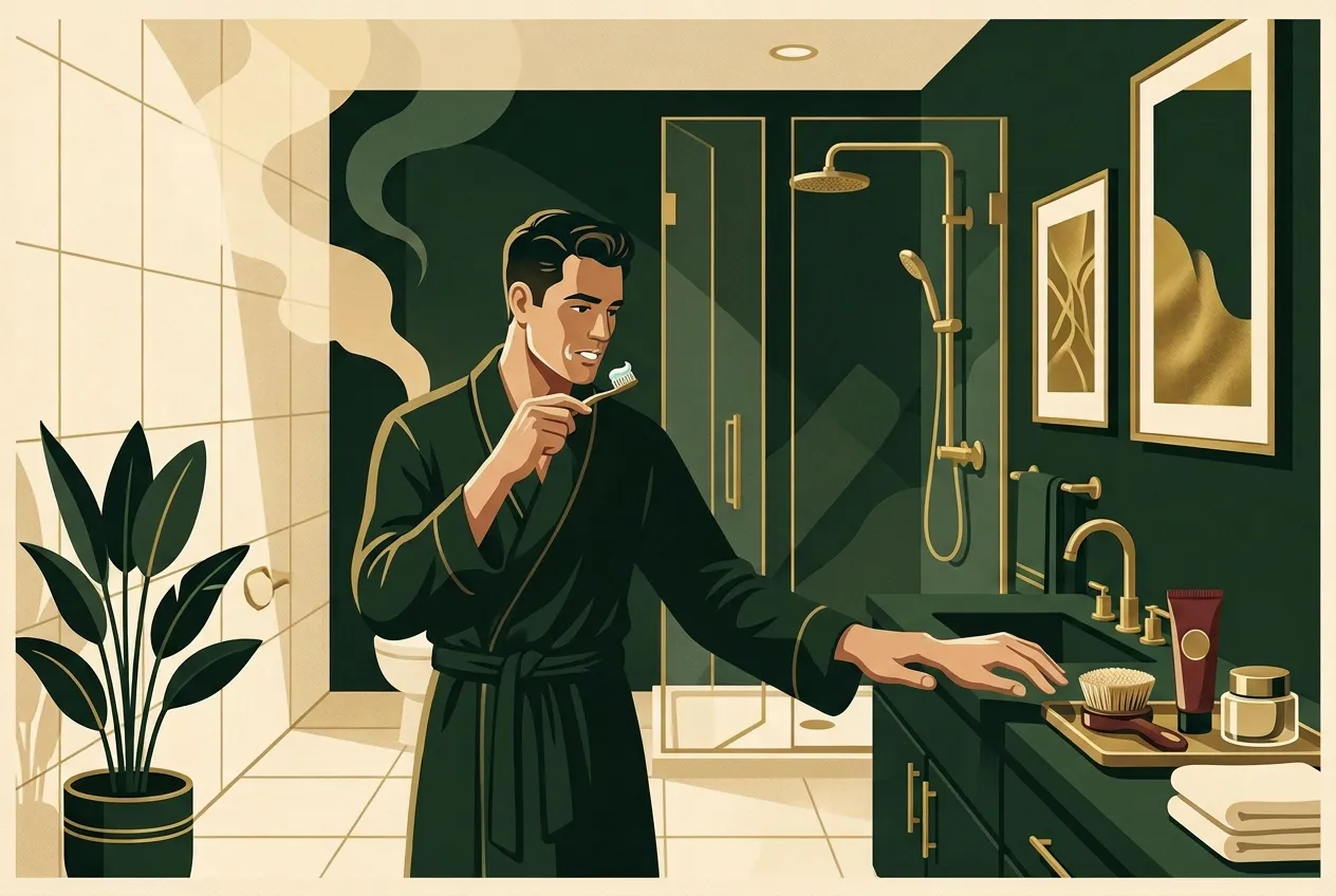 A man finishing weekday grooming at the sink — floss, brush, face.