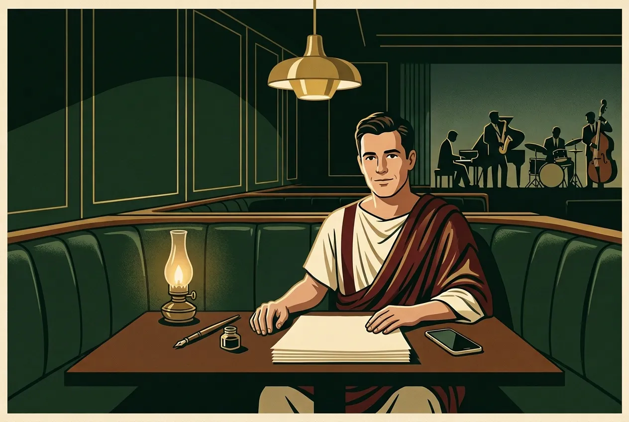 The same toga-clad man setting the scroll aside and keeping the phone down to finish one page.