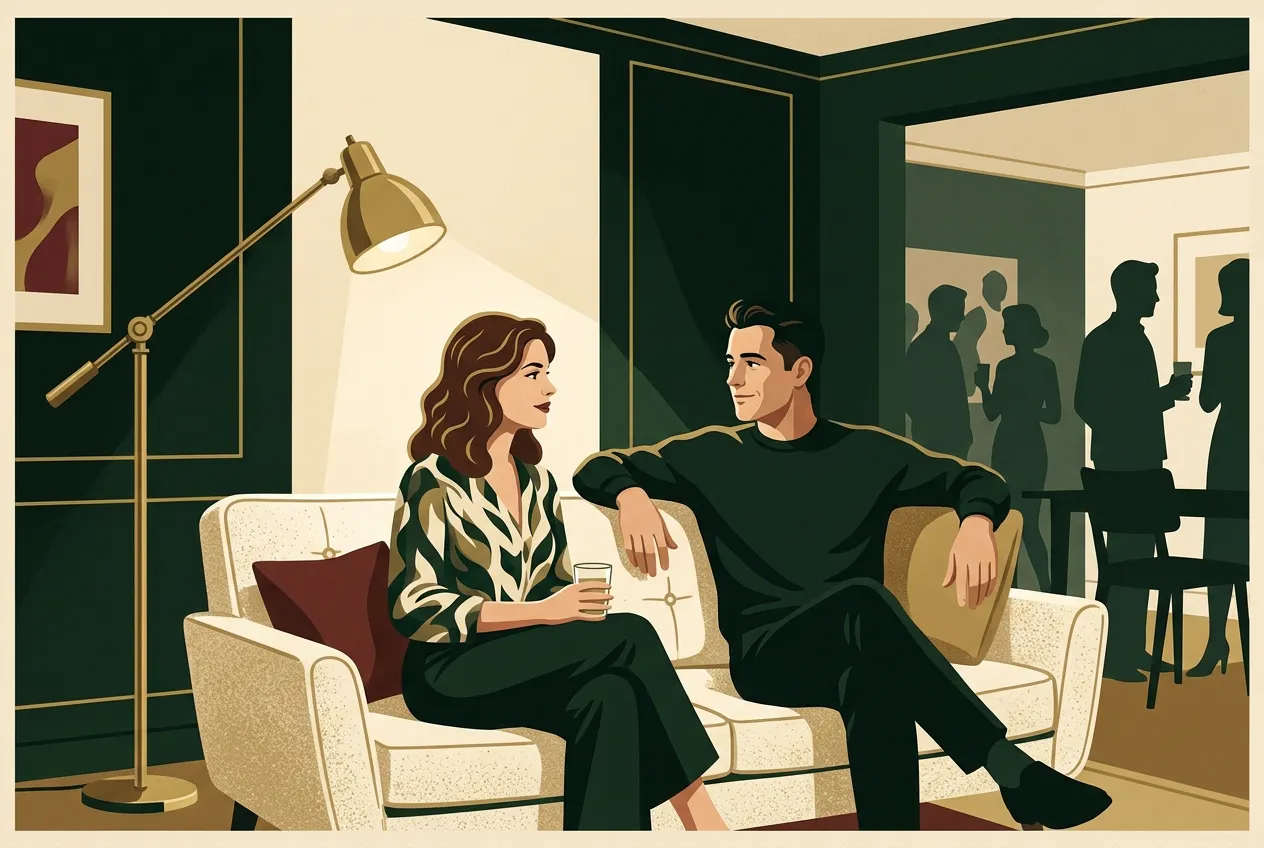 A man and a woman on a cream sofa holding a quiet lull — soft eye contact, brass lamp glow, neither rushing to fill the silence.