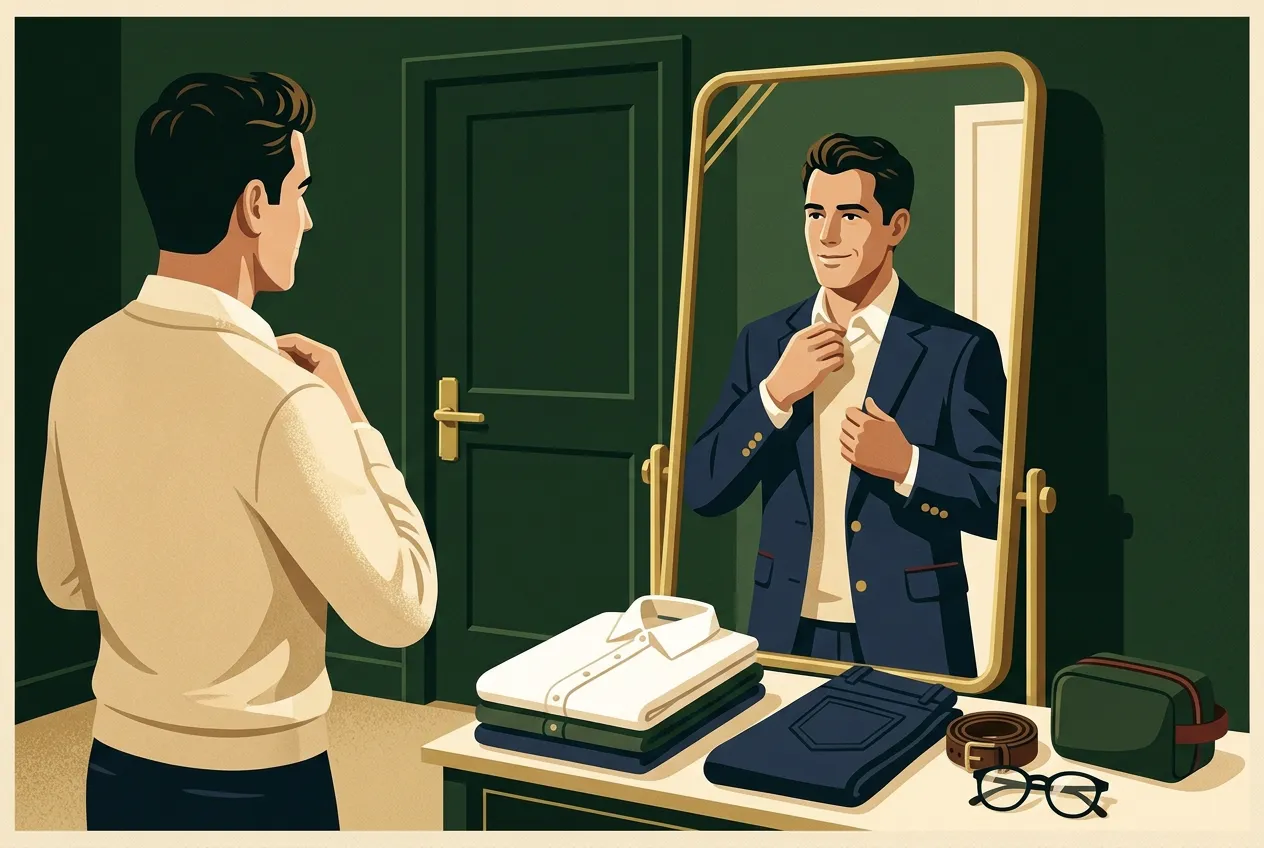 A man doing a five-second mirror check before walking out.