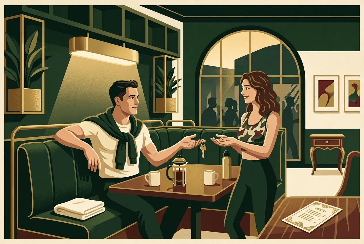 A man asking for something small in conversation with a woman.