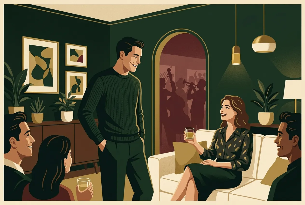 A man easing group tension in a deep green living room.
