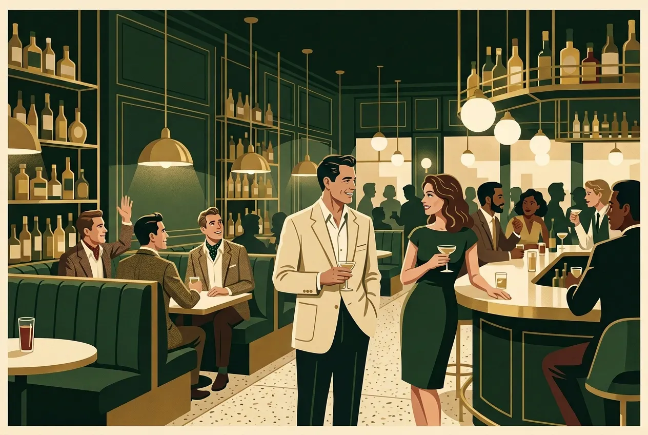A man and woman talking with a lively room behind them.
