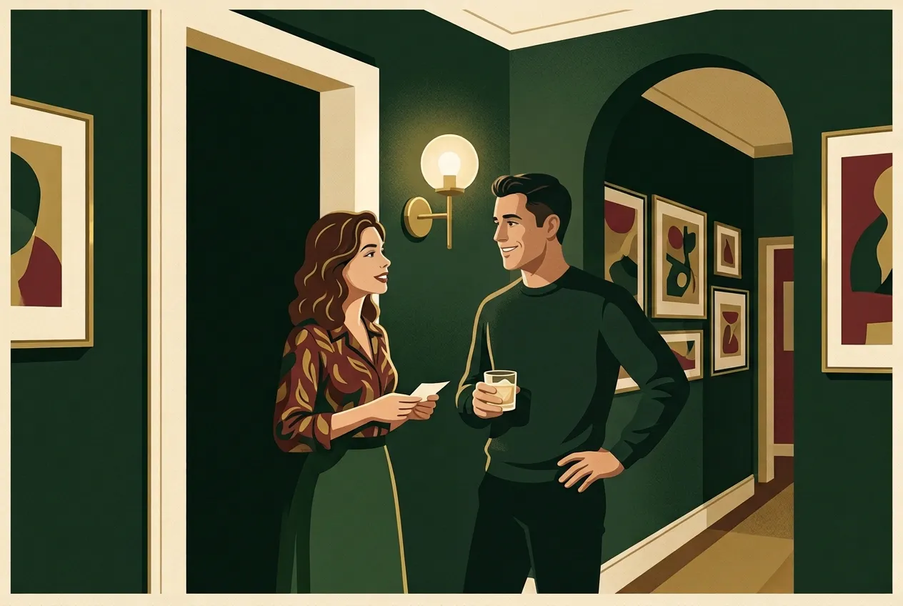 A man keeping his plans while talking with a woman at a party.