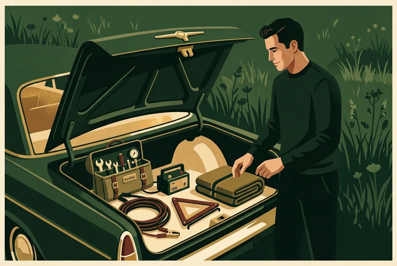 A man packing a car emergency kit neatly into the trunk.