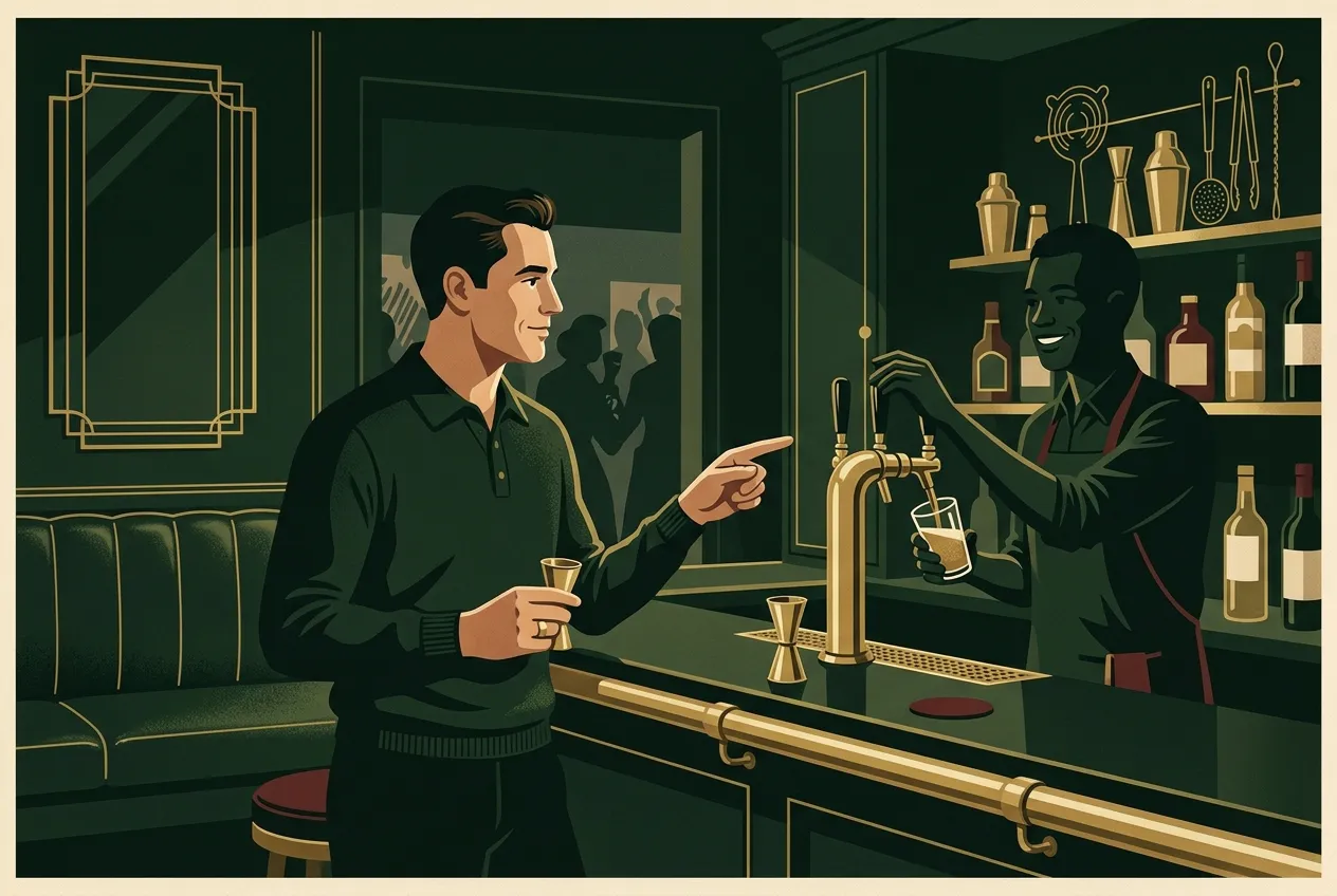 A man ordering simply at a bar rail — know what you like.